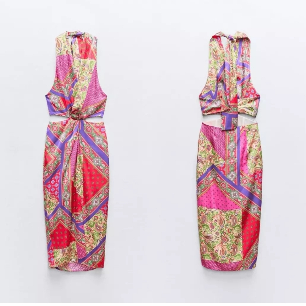 ZARA PATCHWORK PRINTED HALTER NECK MIDI DRESS- size large new with tags